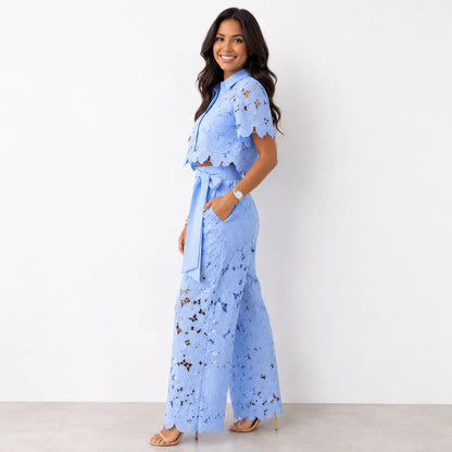NICOLE | Conjunto 2 Piezas Blusa Bordada de Encaje y Pantalón Calado